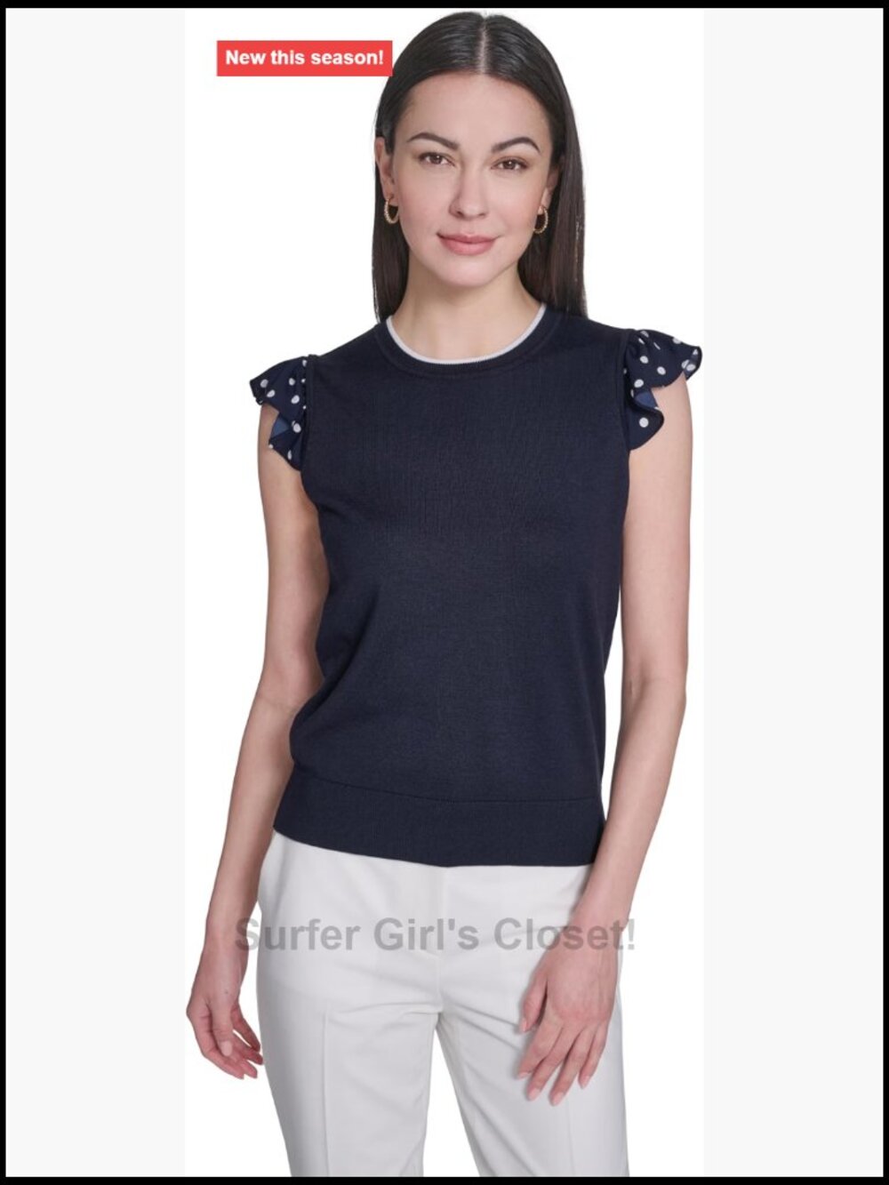 Sleeveless Flutter Sleeve Mixed Media Peplum Top with Crew Neck